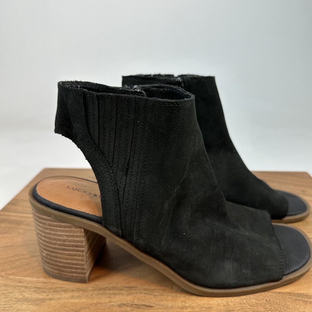 New Womens Lucky Brand Tovinnia Black Leather Peep Toe Heeled Sandals Size 10 M